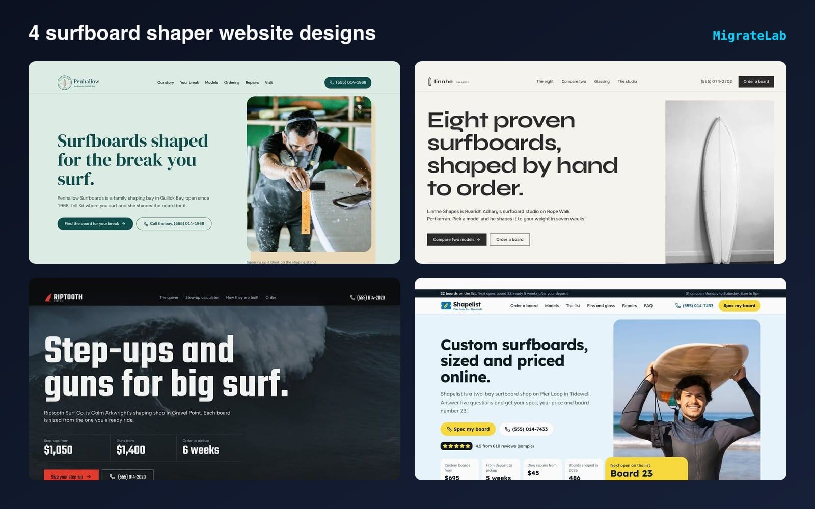 Four surfboard shaper website designs by MigrateLab shown side by side