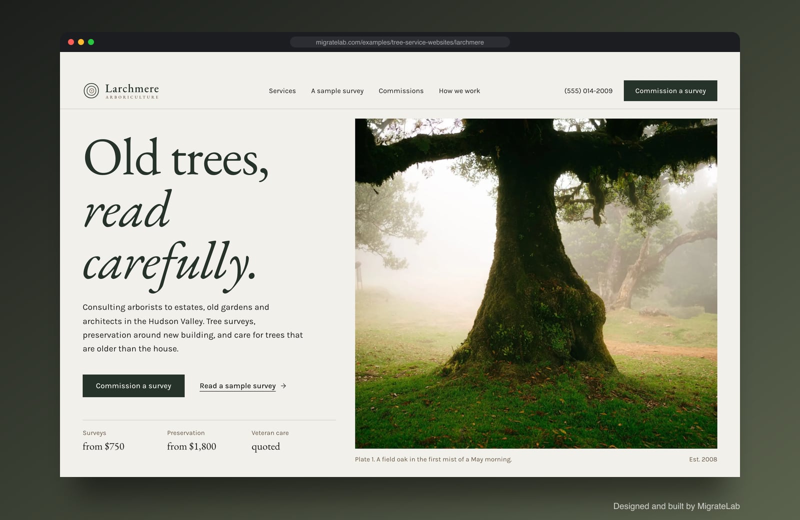 Tree service company website example by MigrateLab: Larchmere Arboriculture, a premium design-led design shown in a browser