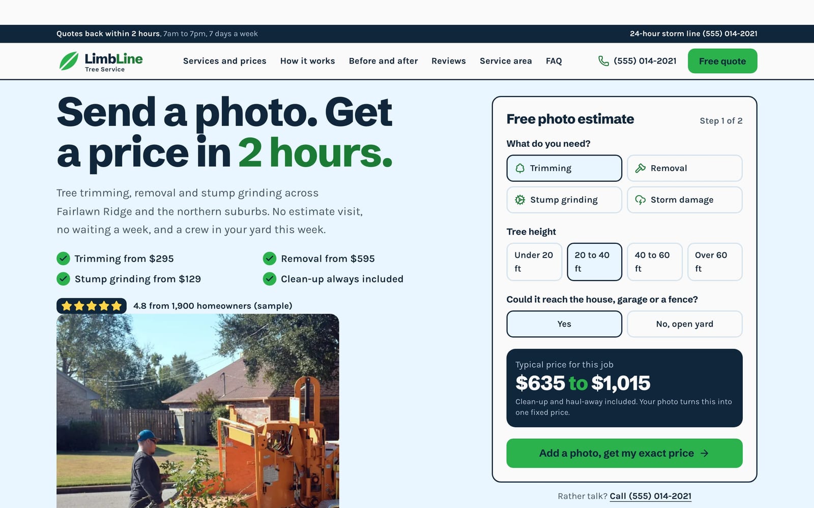 Tree service company website design: LimbLine Tree Service home page, lead machine style