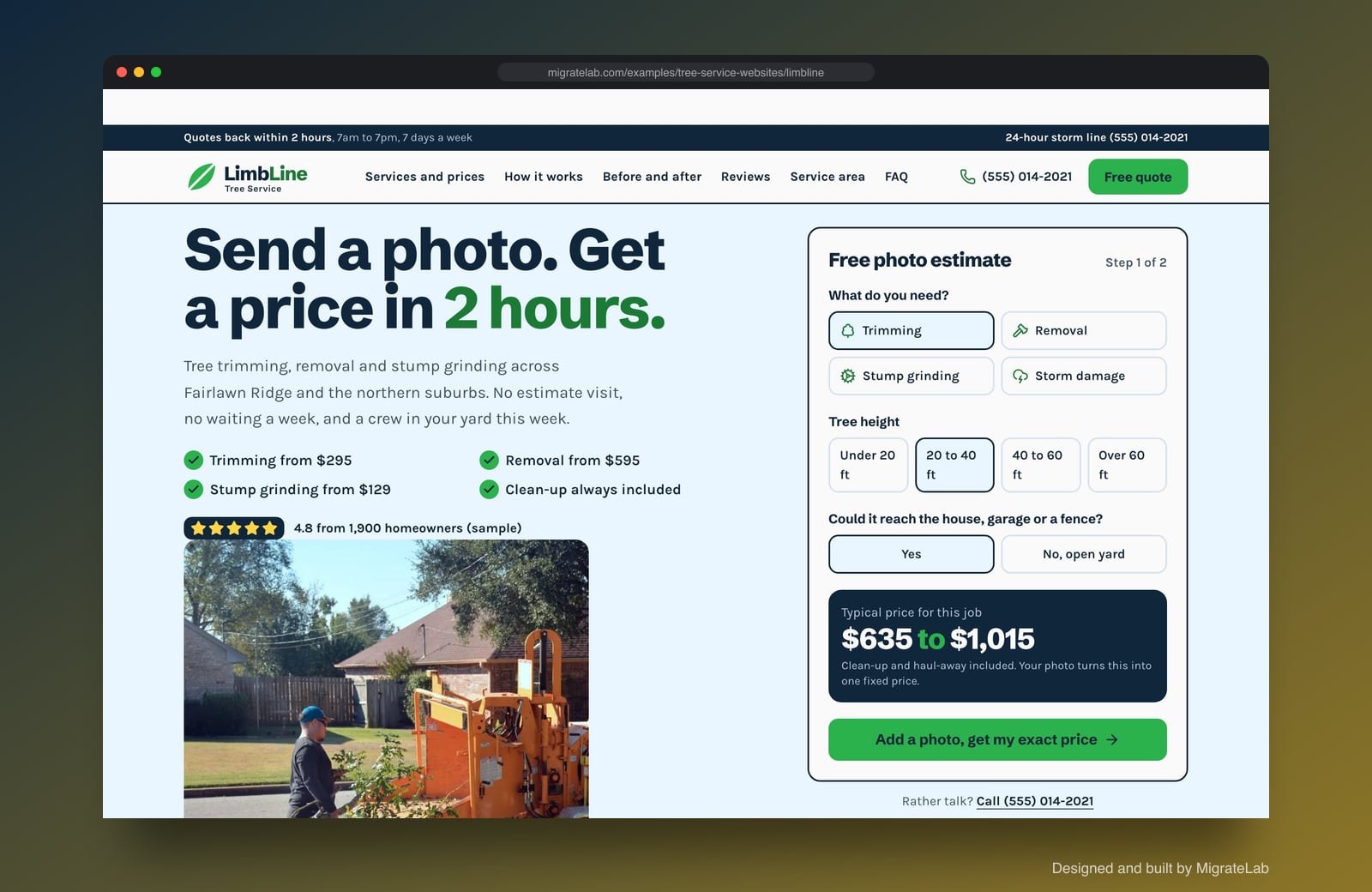 Tree service company website example by MigrateLab: LimbLine Tree Service, a lead machine design shown in a browser