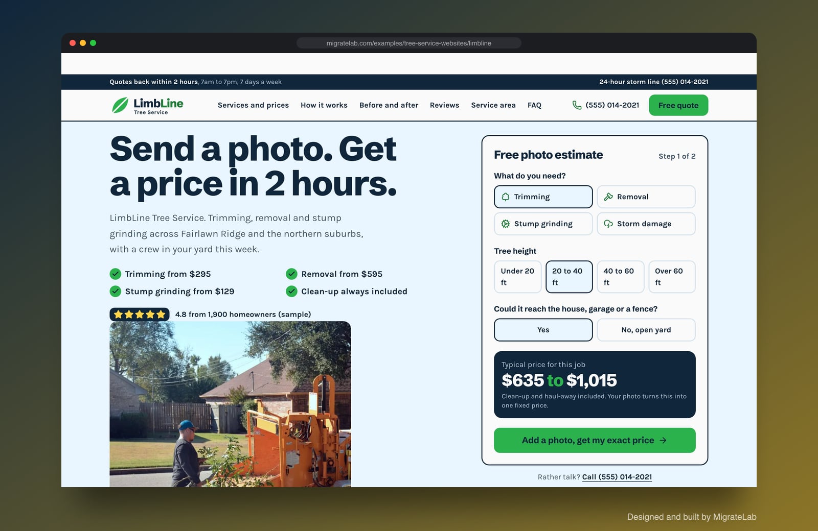 Tree service company website example by MigrateLab: LimbLine Tree Service, a lead machine design shown in a browser