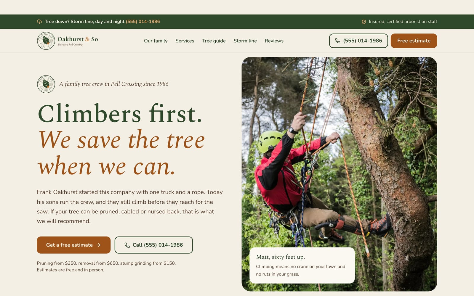 Tree service company website design: Oakhurst & Sons Tree Care home page, heritage and trust style
