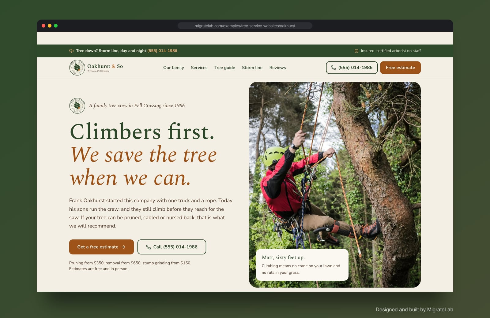 Tree service company website example by MigrateLab: Oakhurst & Sons Tree Care, a heritage and trust design shown in a browser