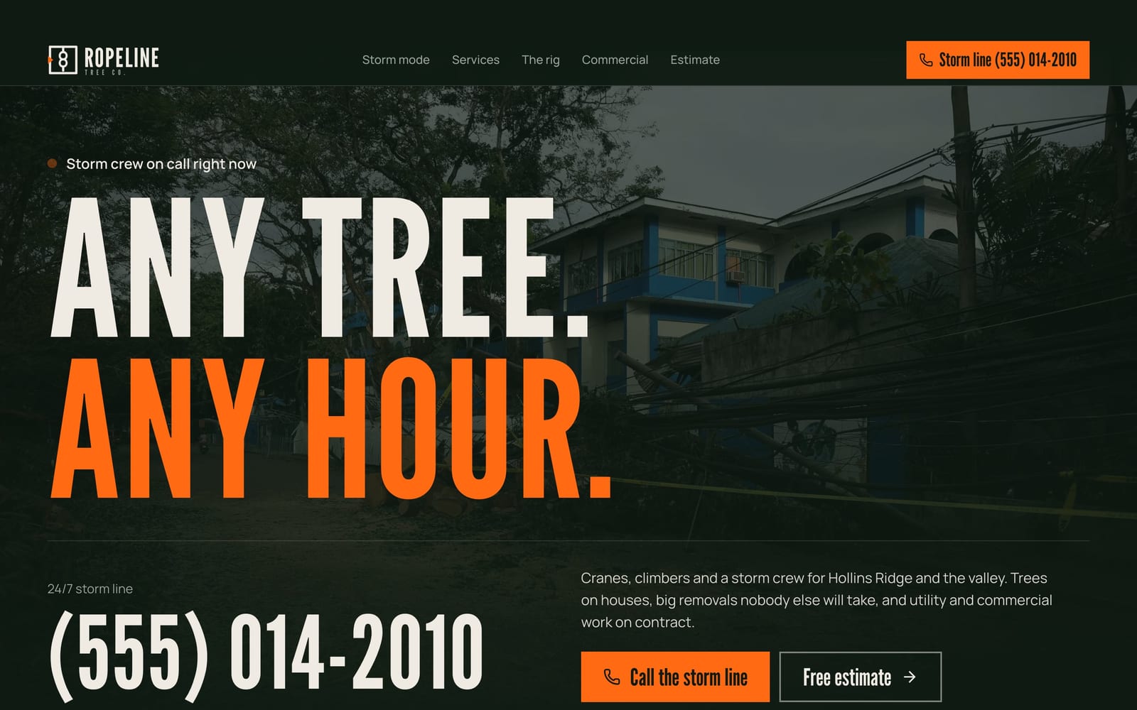 Tree service company website design: Ropeline Tree Co. home page, bold and industrial style