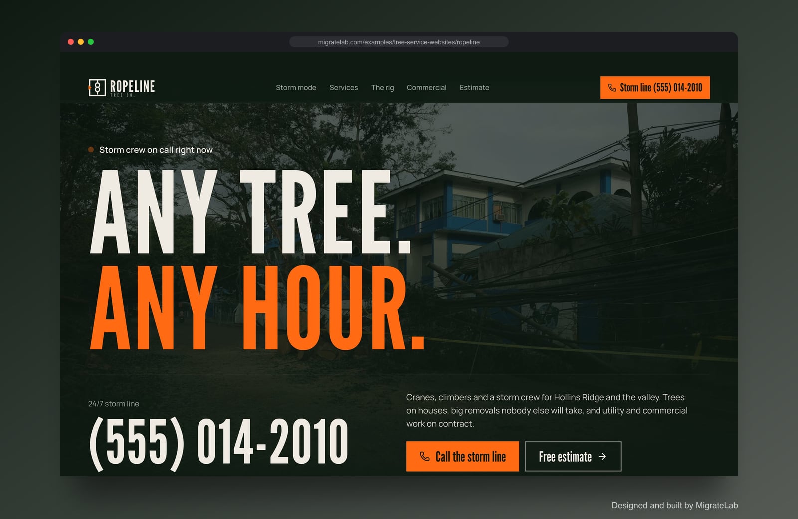 Tree service company website example by MigrateLab: Ropeline Tree Co., a bold and industrial design shown in a browser