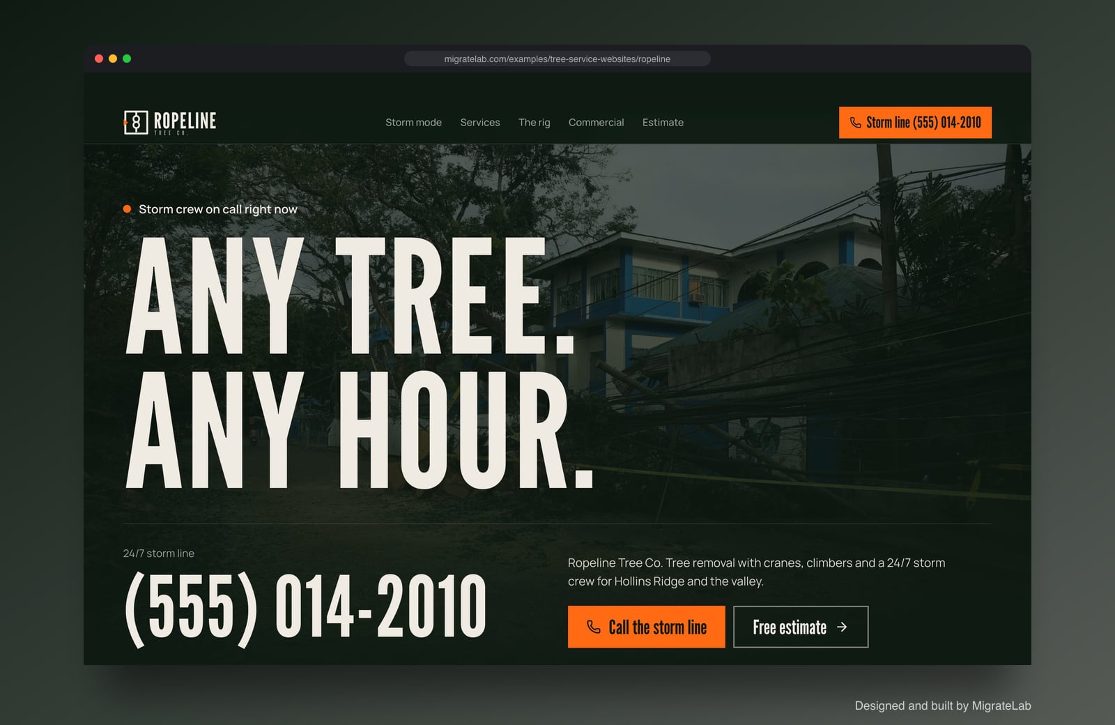 Tree service company website example by MigrateLab: Ropeline Tree Co., a bold and industrial design shown in a browser