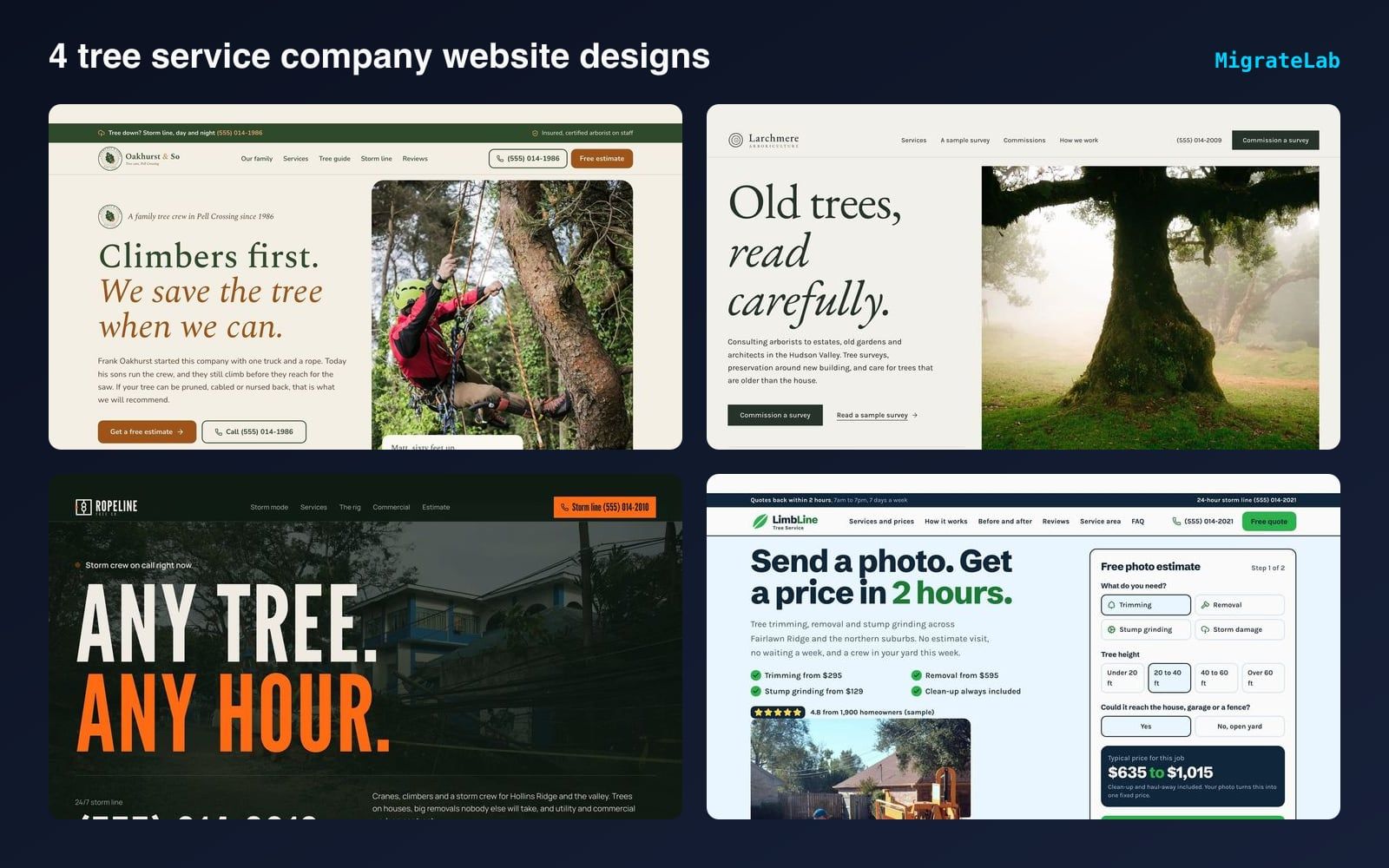 Four tree service company website designs by MigrateLab shown side by side