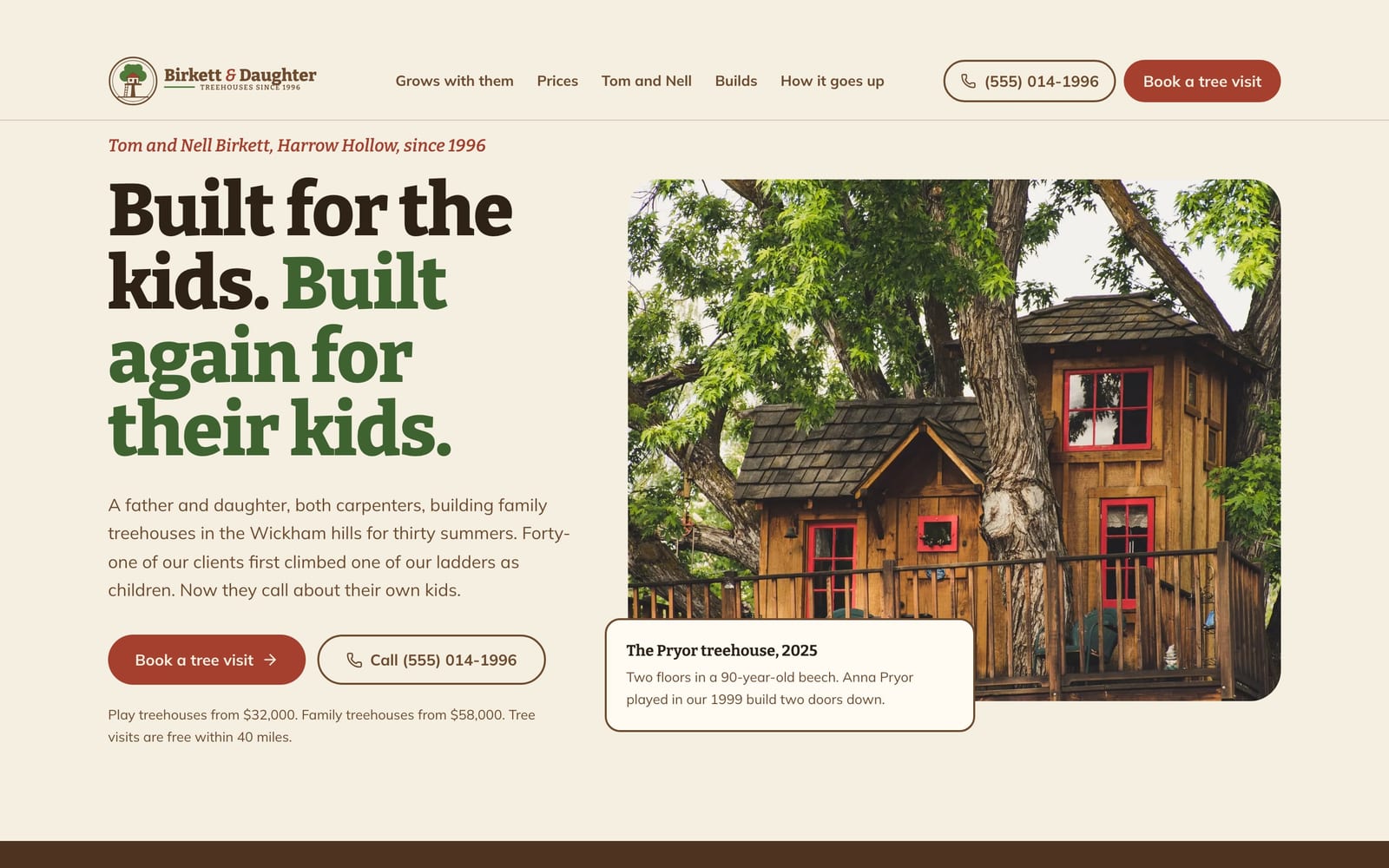 Treehouse builder website design: Birkett & Daughter Treehouses home page, heritage and trust style
