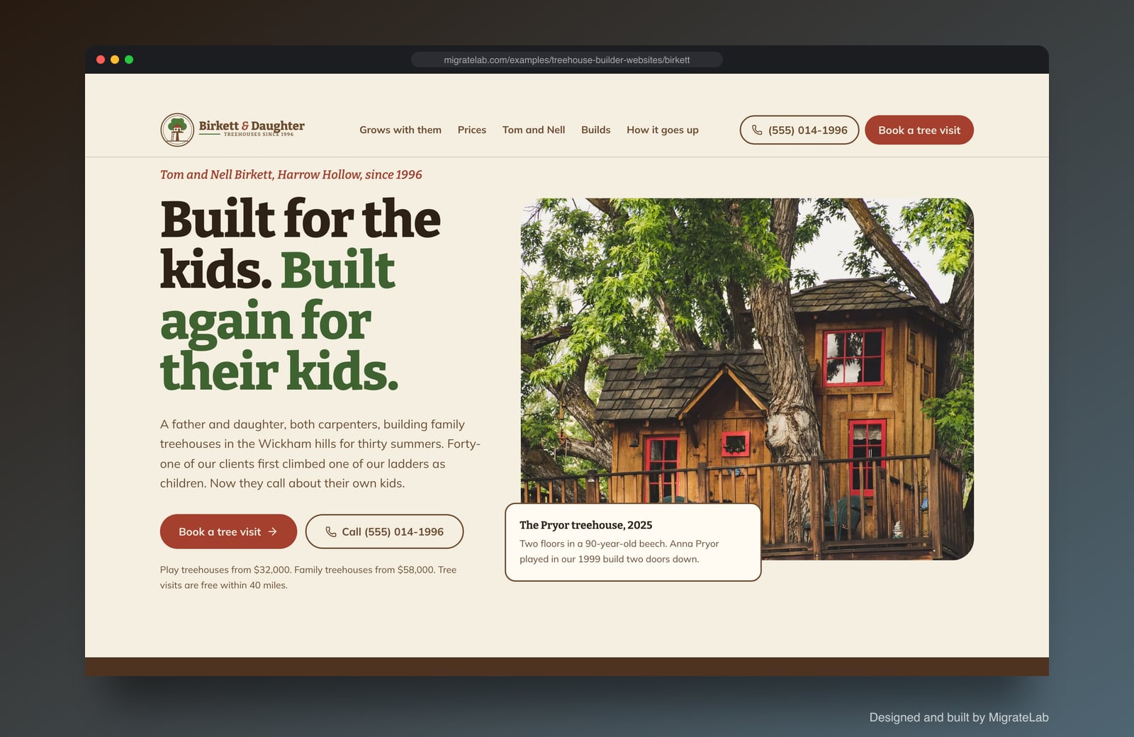 Treehouse builder website example by MigrateLab: Birkett & Daughter Treehouses, a heritage and trust design shown in a browser