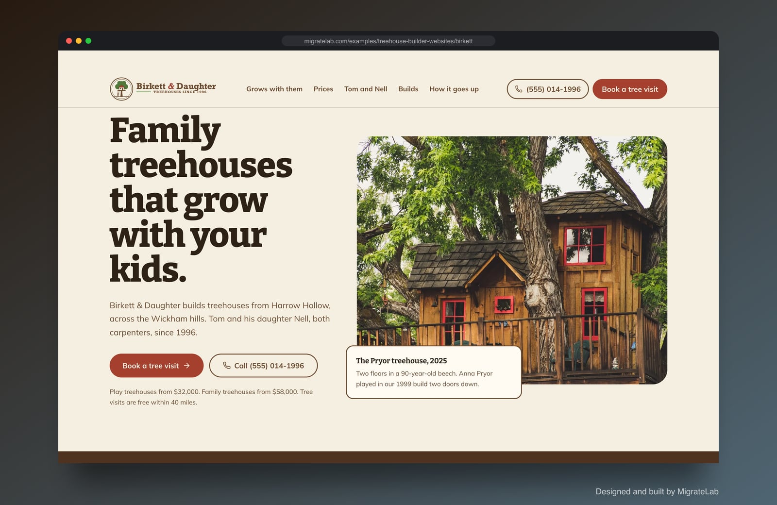 Treehouse builder website example by MigrateLab: Birkett & Daughter Treehouses, a heritage and trust design shown in a browser