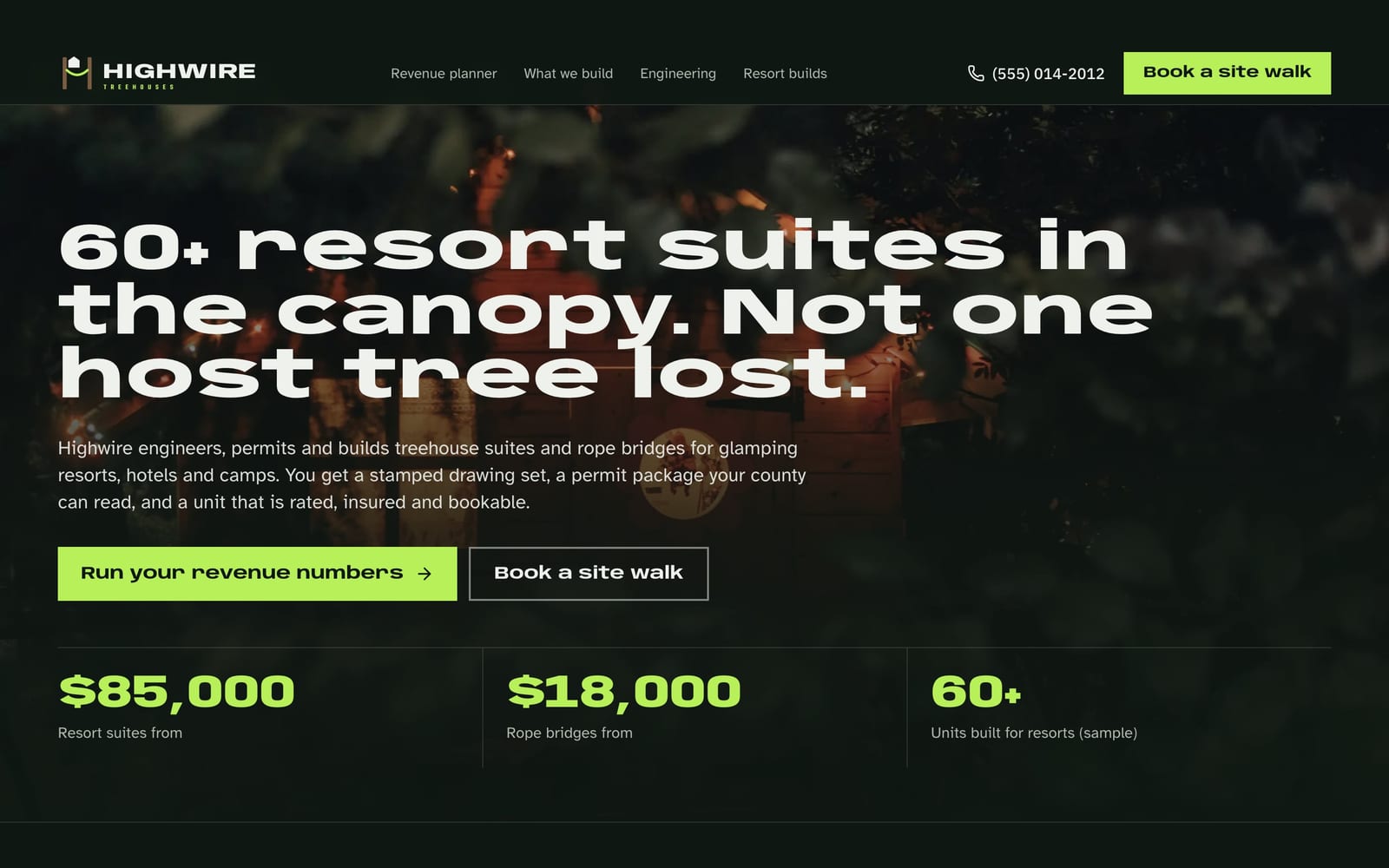 Treehouse builder website design: Highwire Treehouses home page, bold and industrial style