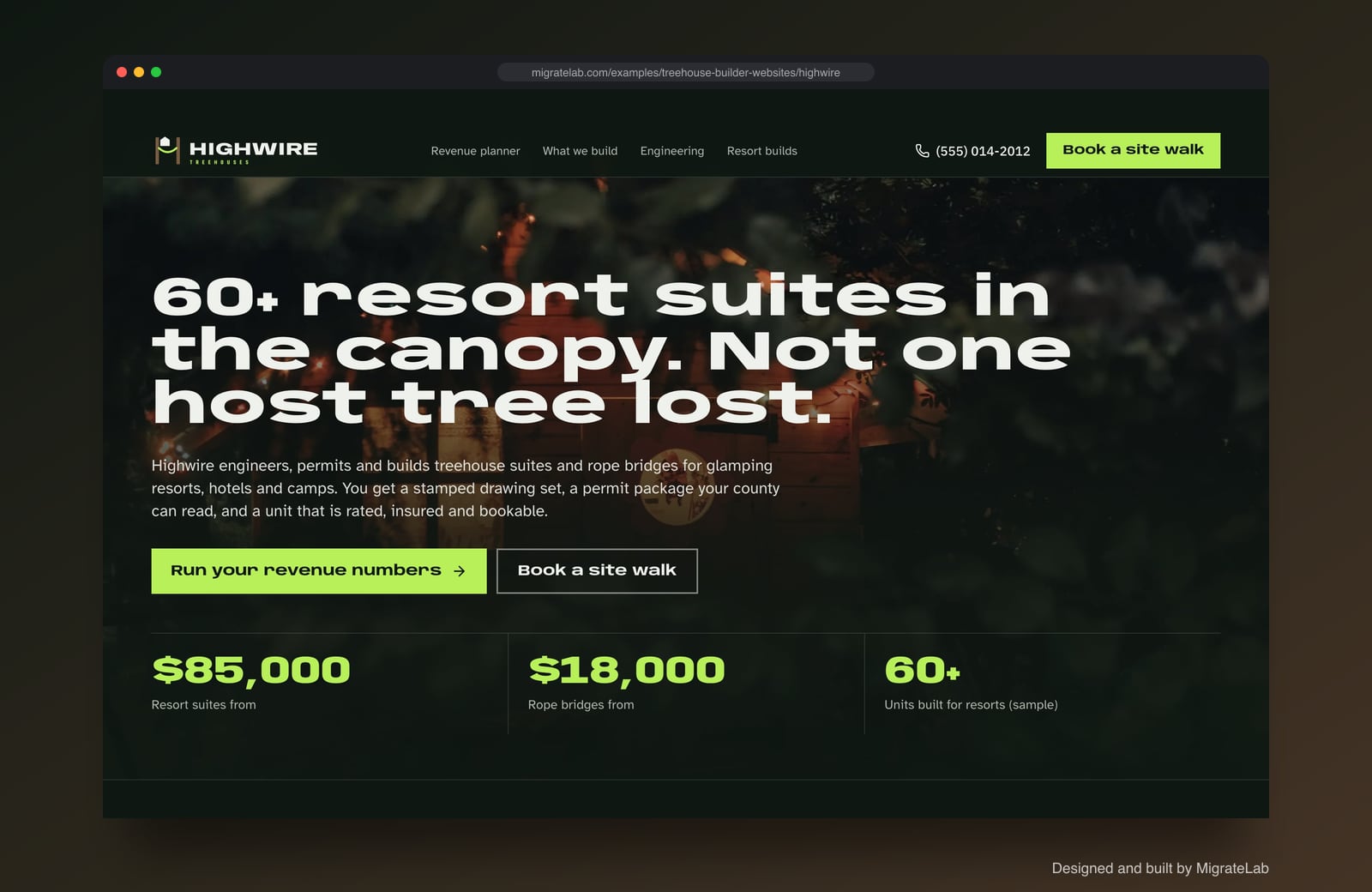 Treehouse builder website example by MigrateLab: Highwire Treehouses, a bold and industrial design shown in a browser
