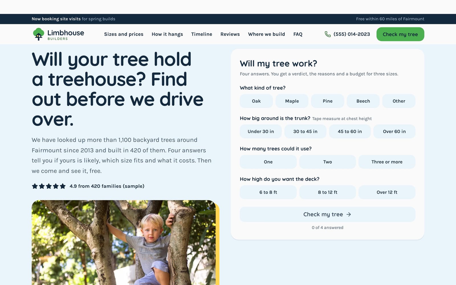 Treehouse builder website design: Limbhouse Builders home page, lead machine style