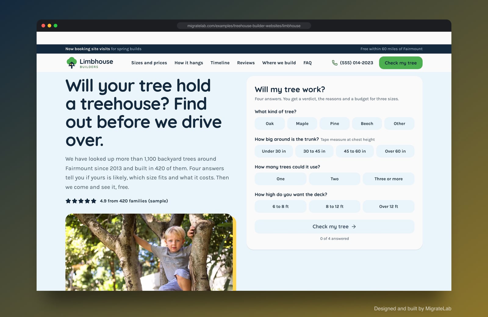Treehouse builder website example by MigrateLab: Limbhouse Builders, a lead machine design shown in a browser