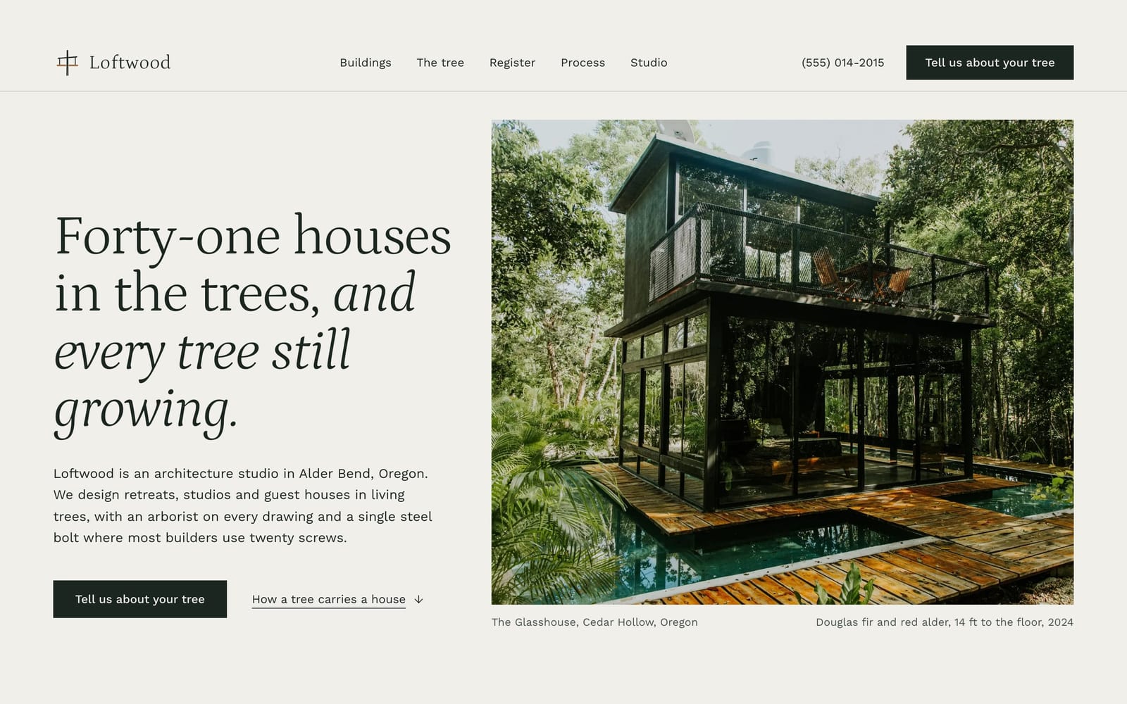 Treehouse builder website design: Loftwood Treehouse Studio home page, premium design-led style