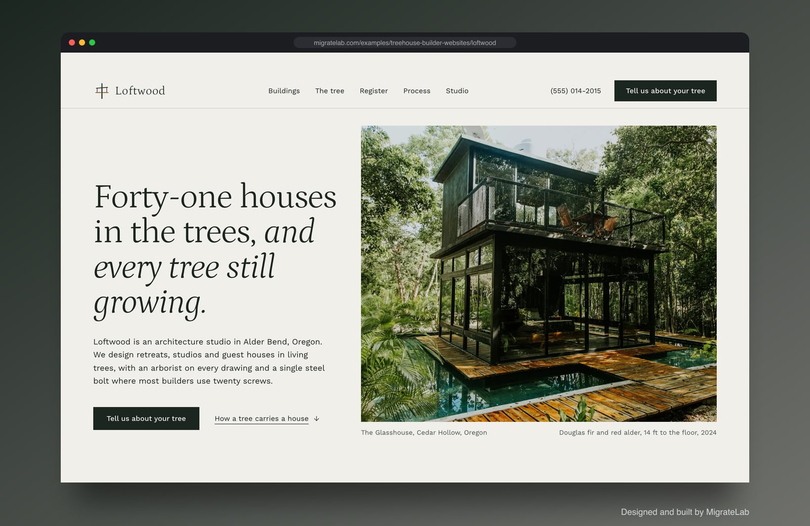 Treehouse builder website example by MigrateLab: Loftwood Treehouse Studio, a premium design-led design shown in a browser