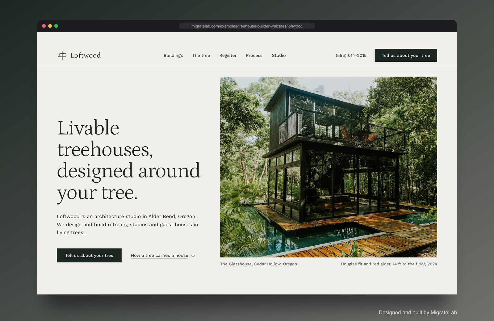 Treehouse builder website example by MigrateLab: Loftwood Treehouse Studio, a premium design-led design shown in a browser