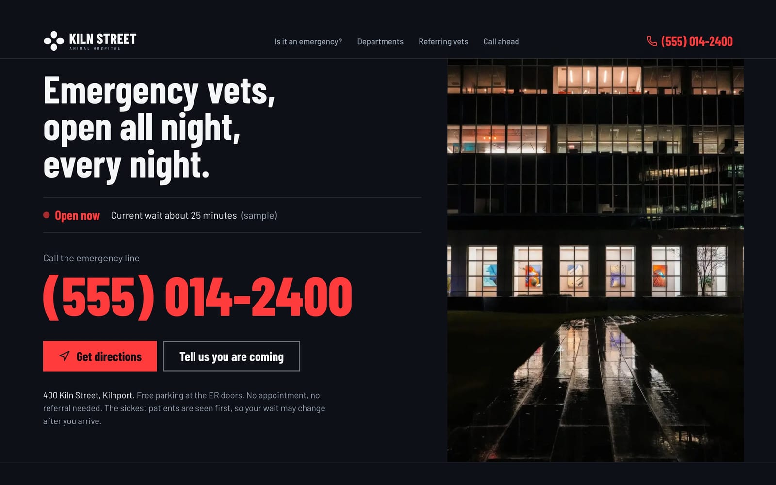Veterinary clinic website design: Kiln Street Animal Hospital home page, bold and industrial style