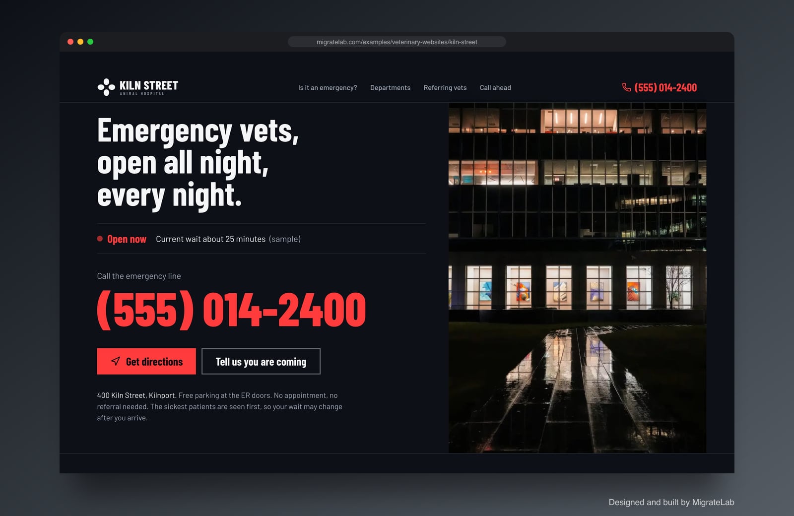 Veterinary clinic website example by MigrateLab: Kiln Street Animal Hospital, a bold and industrial design shown in a browser