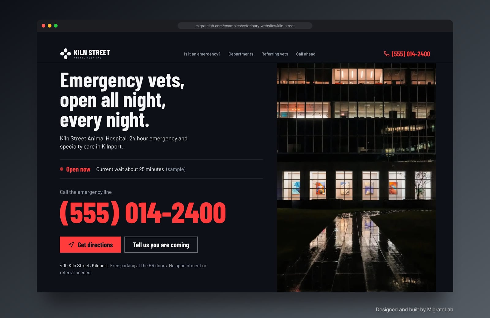 Veterinary clinic website example by MigrateLab: Kiln Street Animal Hospital, a bold and industrial design shown in a browser