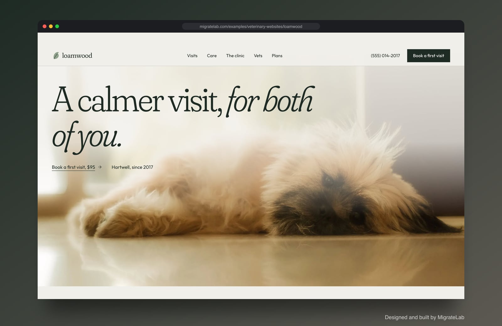 Veterinary clinic website example by MigrateLab: Loamwood Veterinary Clinic, a premium design-led design shown in a browser
