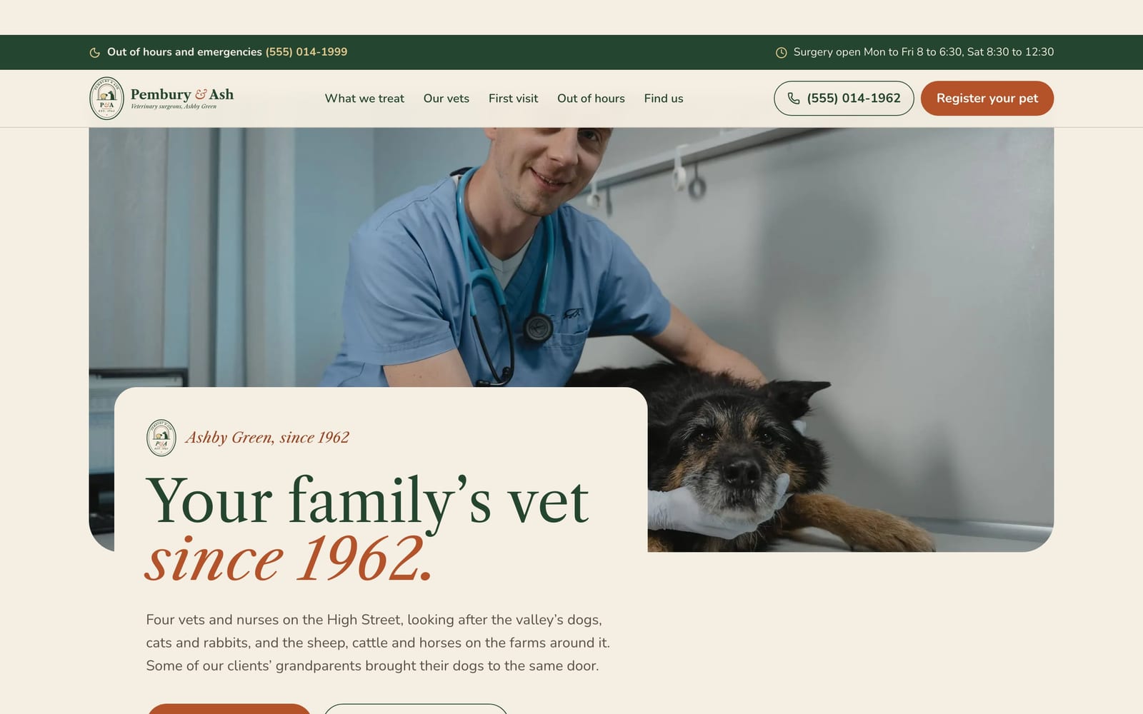 Veterinary clinic website design: Pembury & Ash Veterinary home page, heritage and trust style