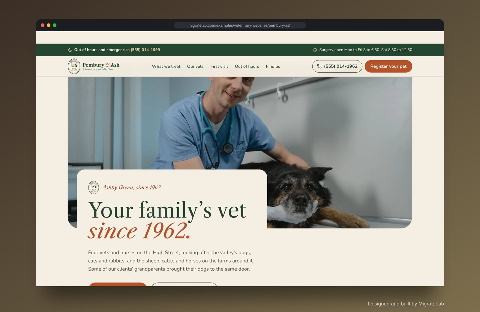 Veterinary clinic website example by MigrateLab: Pembury & Ash Veterinary, a heritage and trust design shown in a browser