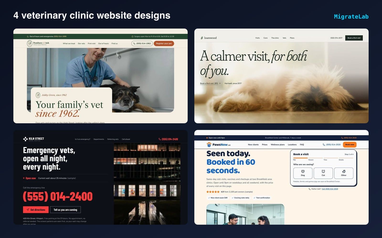 Four veterinary clinic website designs by MigrateLab shown side by side