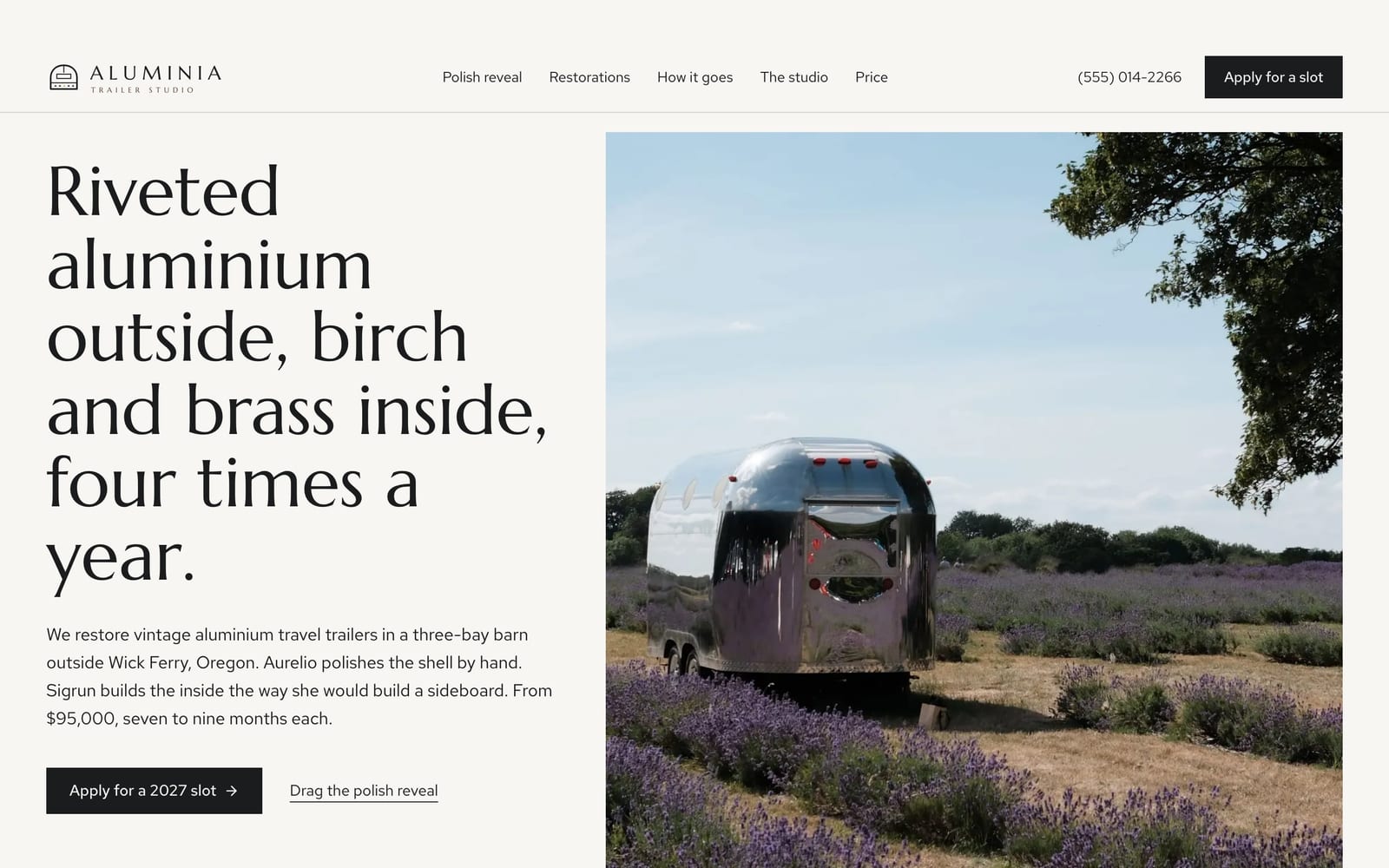 Vintage trailer restorer website design: Aluminia Trailer Studio home page, premium design-led style