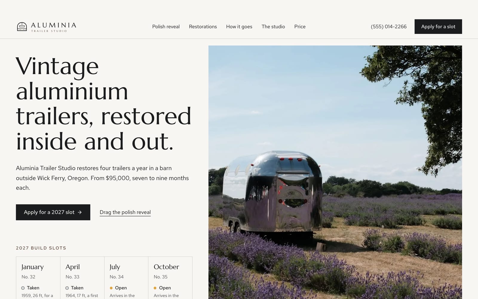 Vintage trailer restorer website design: Aluminia Trailer Studio home page, premium design-led style