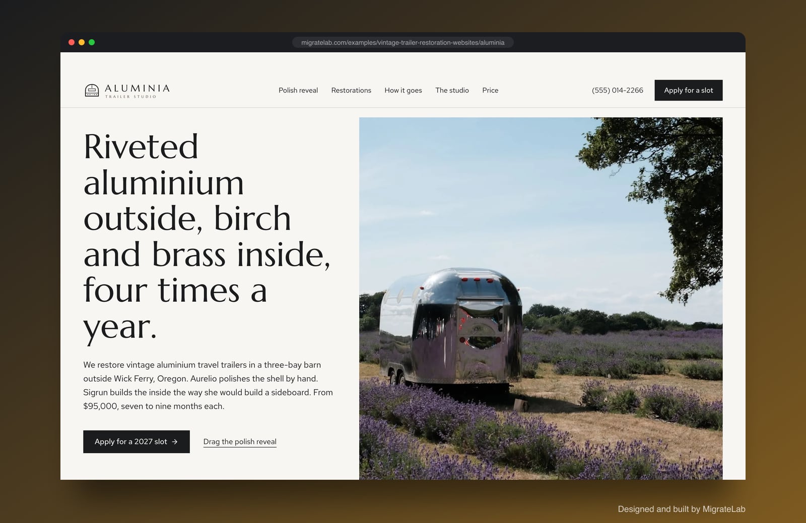 Vintage trailer restorer website example by MigrateLab: Aluminia Trailer Studio, a premium design-led design shown in a browser