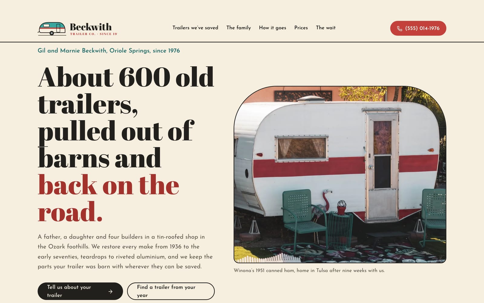 Vintage trailer restorer website design: Beckwith Trailer Co. home page, heritage and trust style