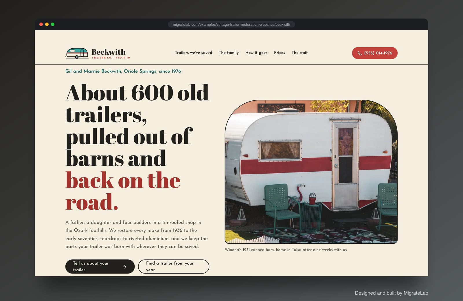 Vintage trailer restorer website example by MigrateLab: Beckwith Trailer Co., a heritage and trust design shown in a browser
