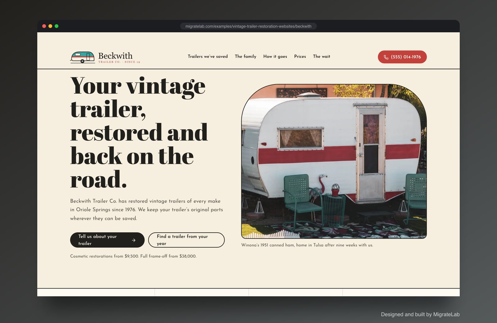 Vintage trailer restorer website example by MigrateLab: Beckwith Trailer Co., a heritage and trust design shown in a browser