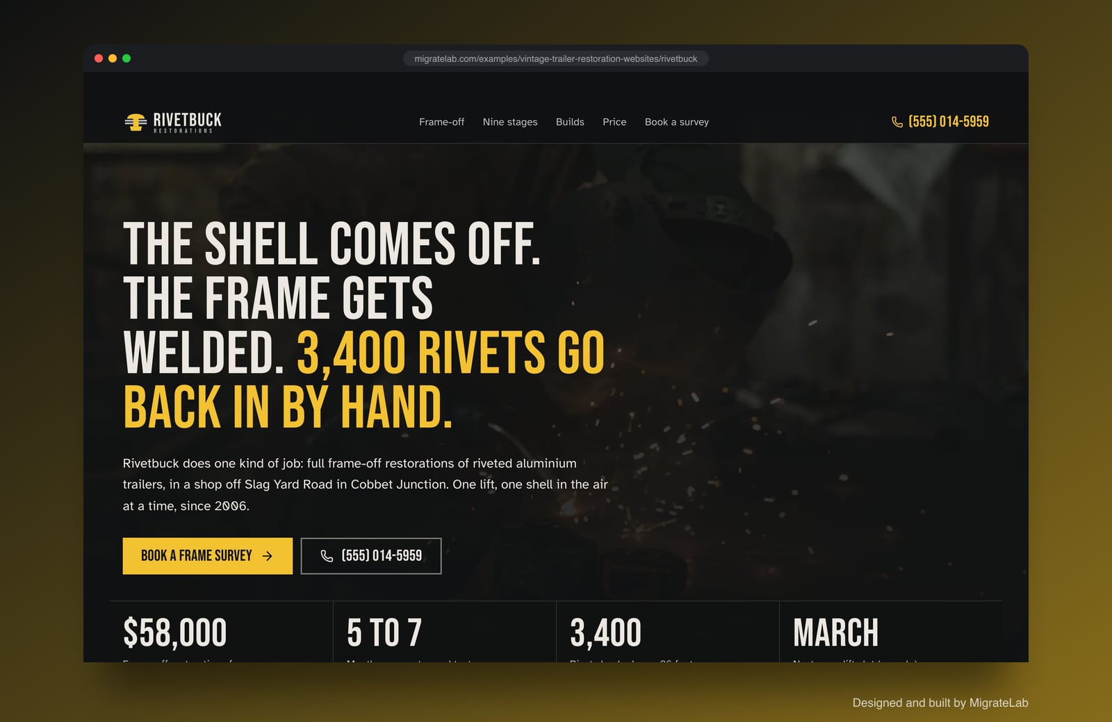 Vintage trailer restorer website example by MigrateLab: Rivetbuck Restorations, a bold and industrial design shown in a browser