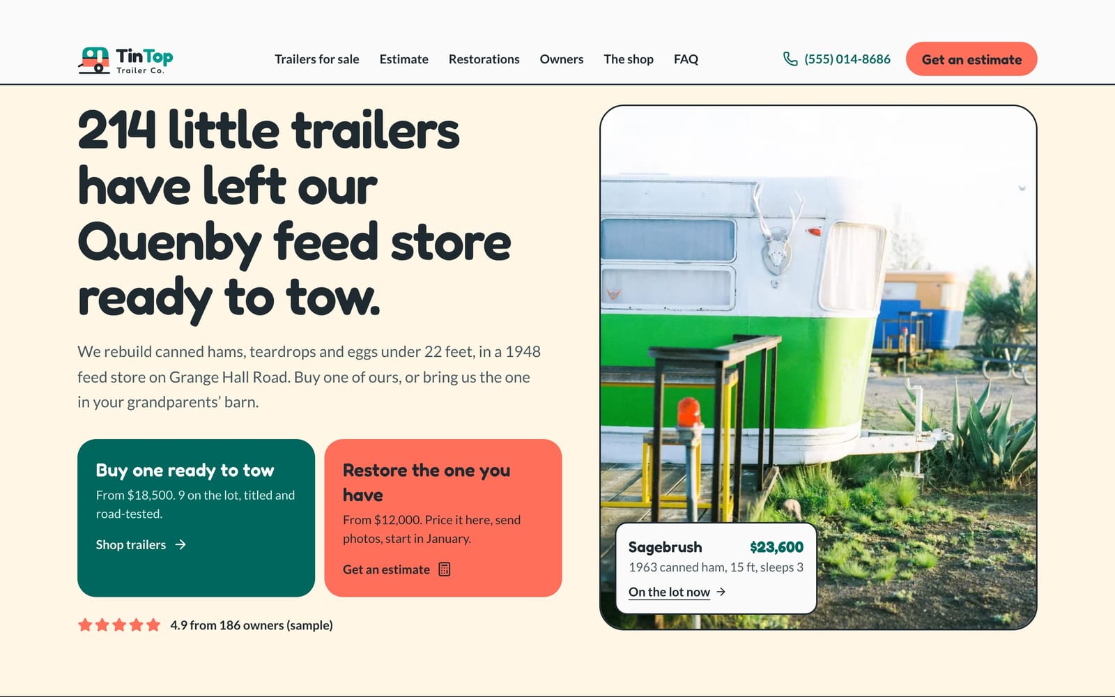 Vintage trailer restorer website design: TinTop Trailer Co. home page, lead machine style