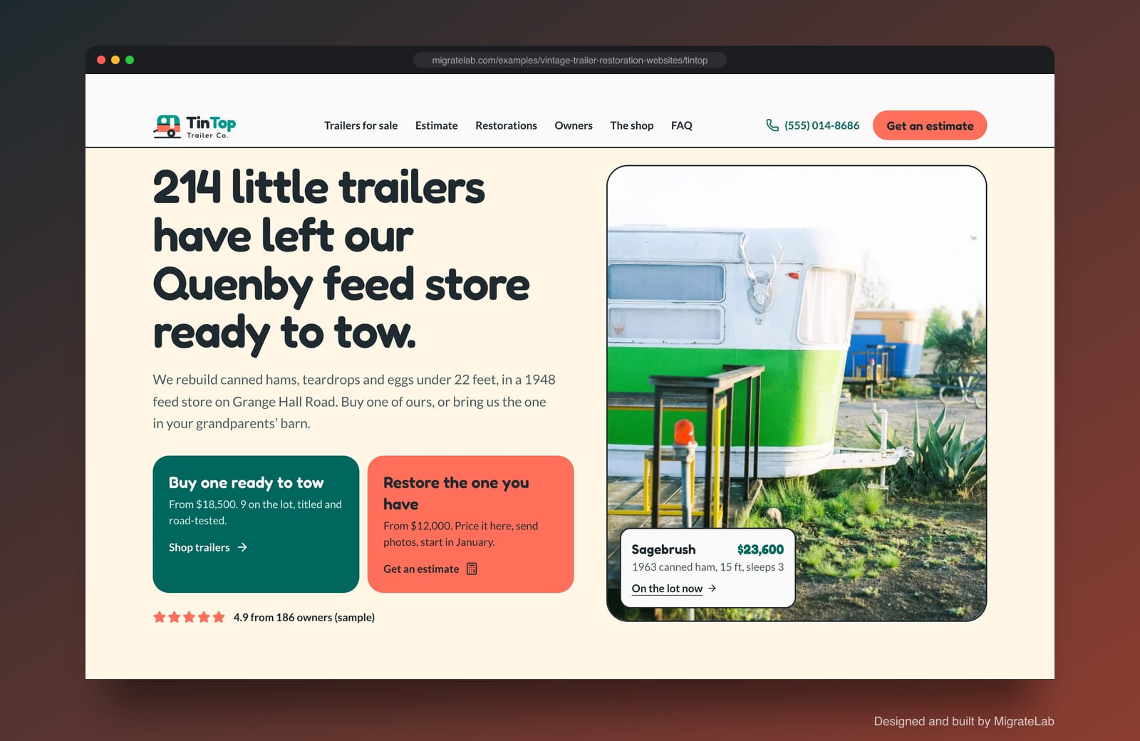 Vintage trailer restorer website example by MigrateLab: TinTop Trailer Co., a lead machine design shown in a browser
