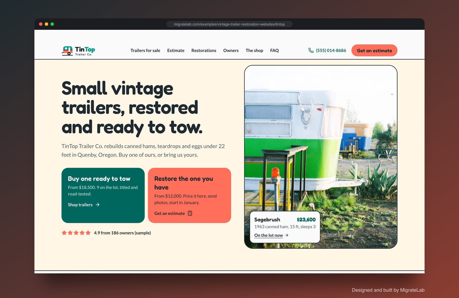 Vintage trailer restorer website example by MigrateLab: TinTop Trailer Co., a lead machine design shown in a browser