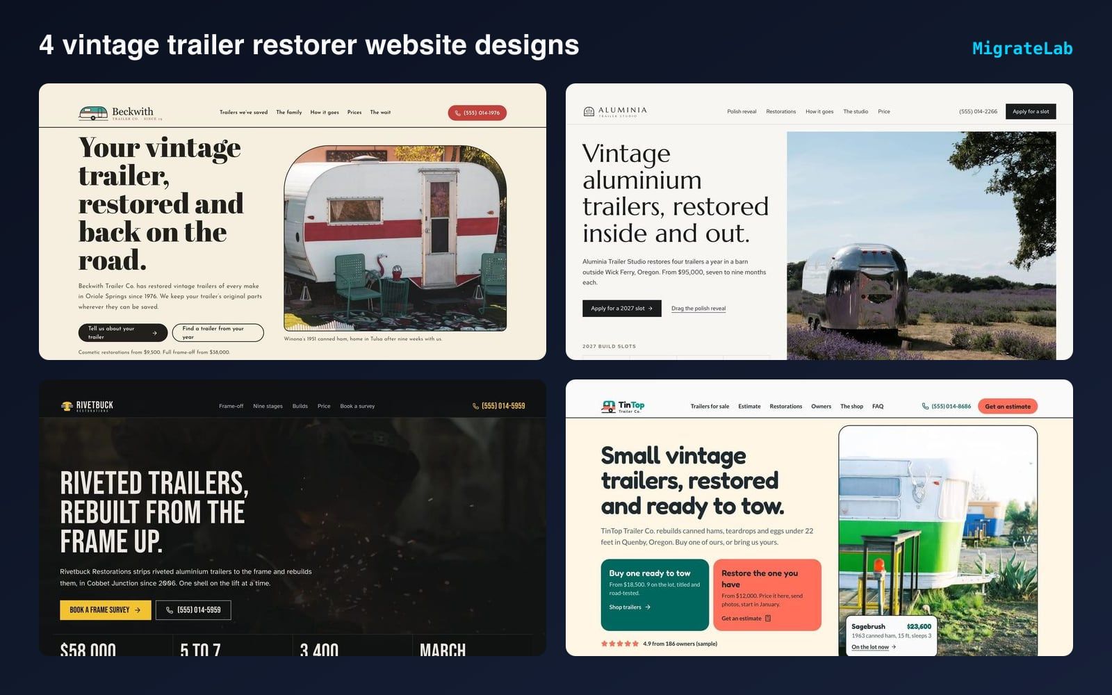 Four vintage trailer restorer website designs by MigrateLab shown side by side