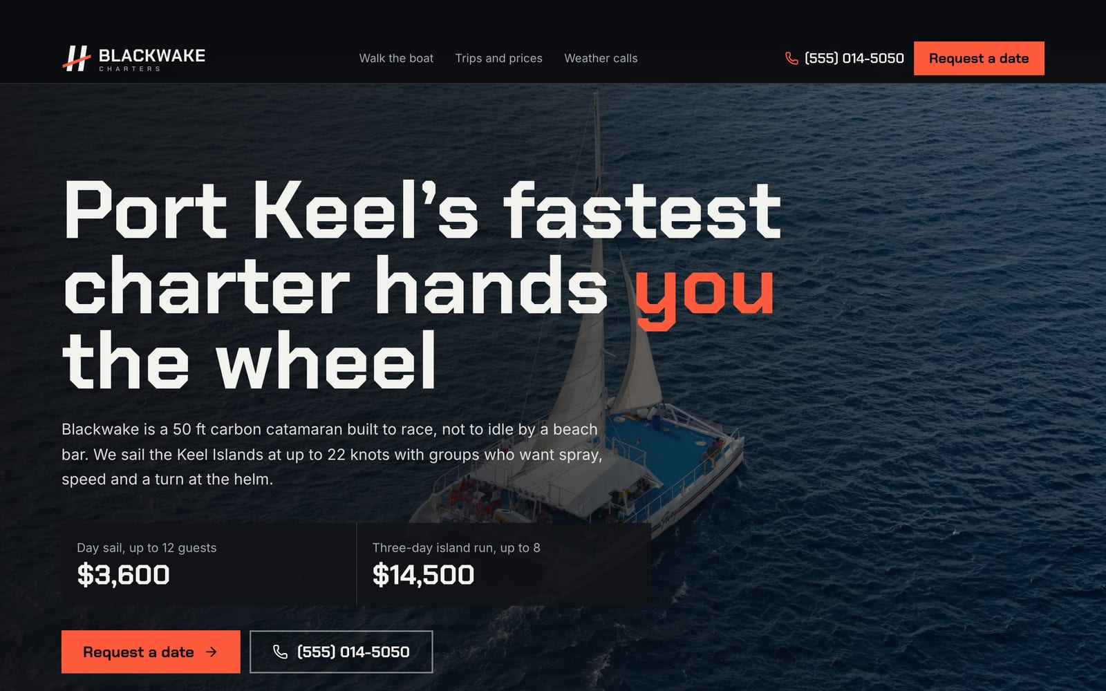 Yacht charter website design: Blackwake Charters home page, bold and industrial style