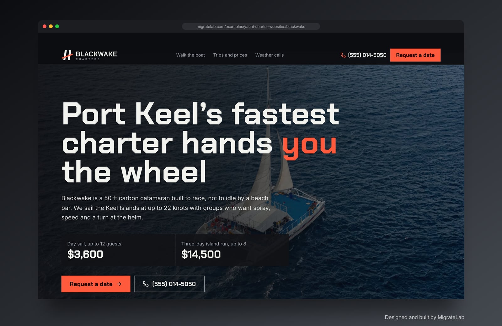 Yacht charter website example by MigrateLab: Blackwake Charters, a bold and industrial design shown in a browser