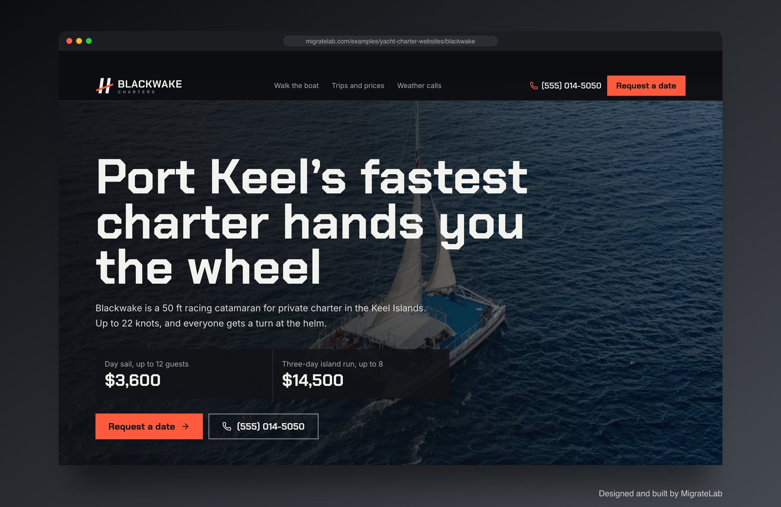 Yacht charter website example by MigrateLab: Blackwake Charters, a bold and industrial design shown in a browser