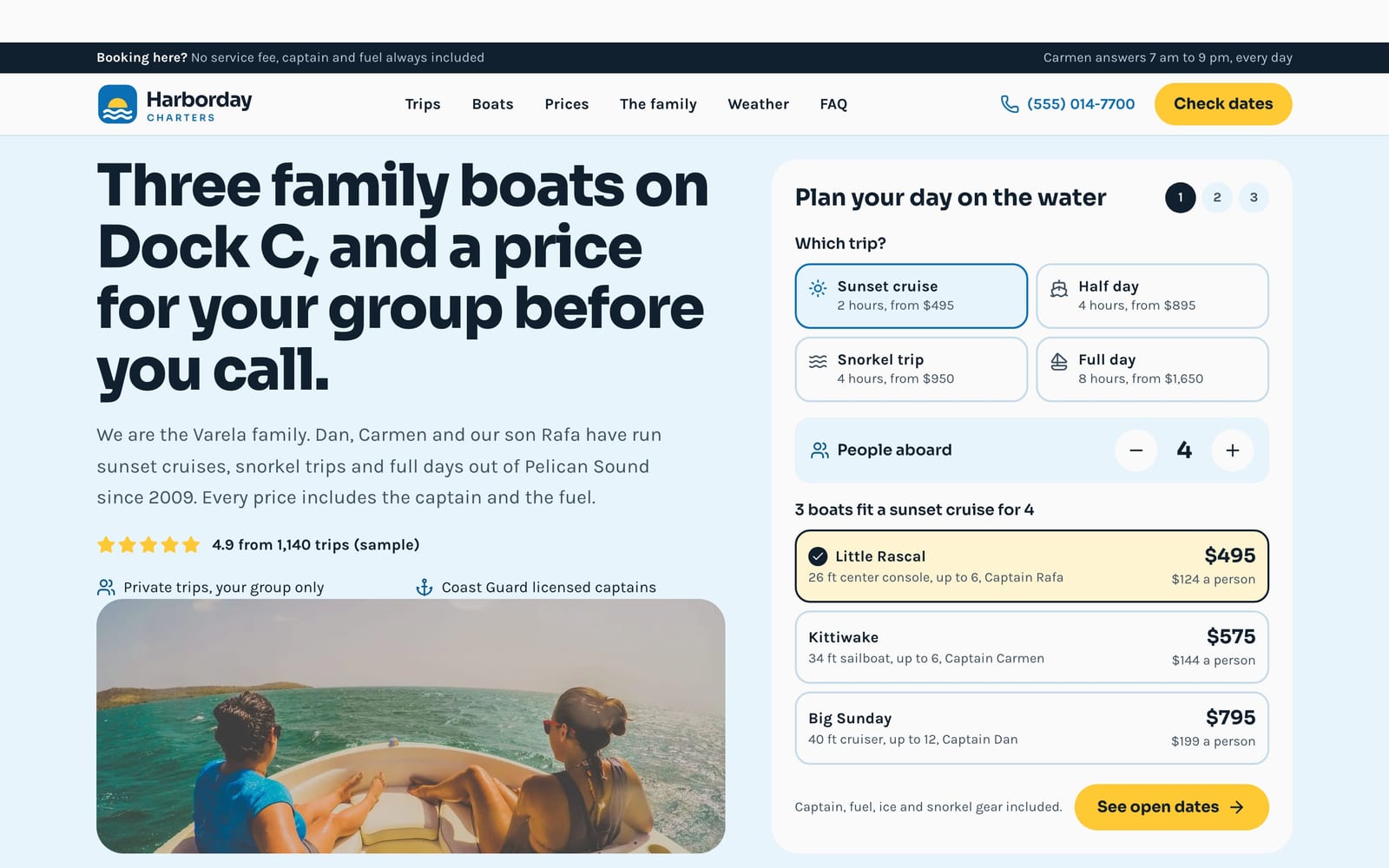 Yacht charter website design: Harborday Charters home page, lead machine style