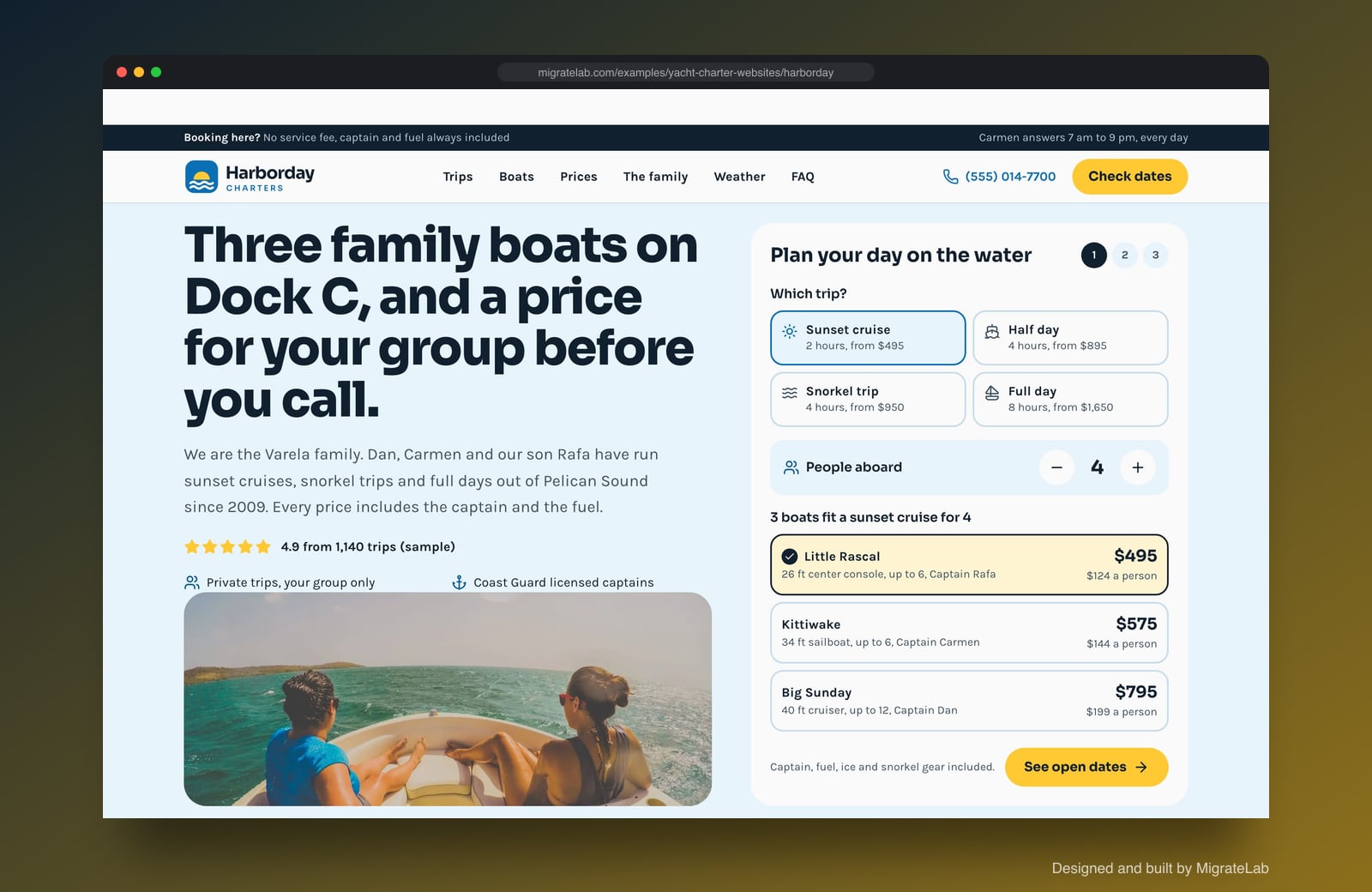 Yacht charter website example by MigrateLab: Harborday Charters, a lead machine design shown in a browser