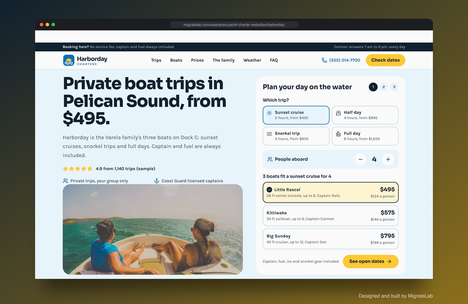 Yacht charter website example by MigrateLab: Harborday Charters, a lead machine design shown in a browser