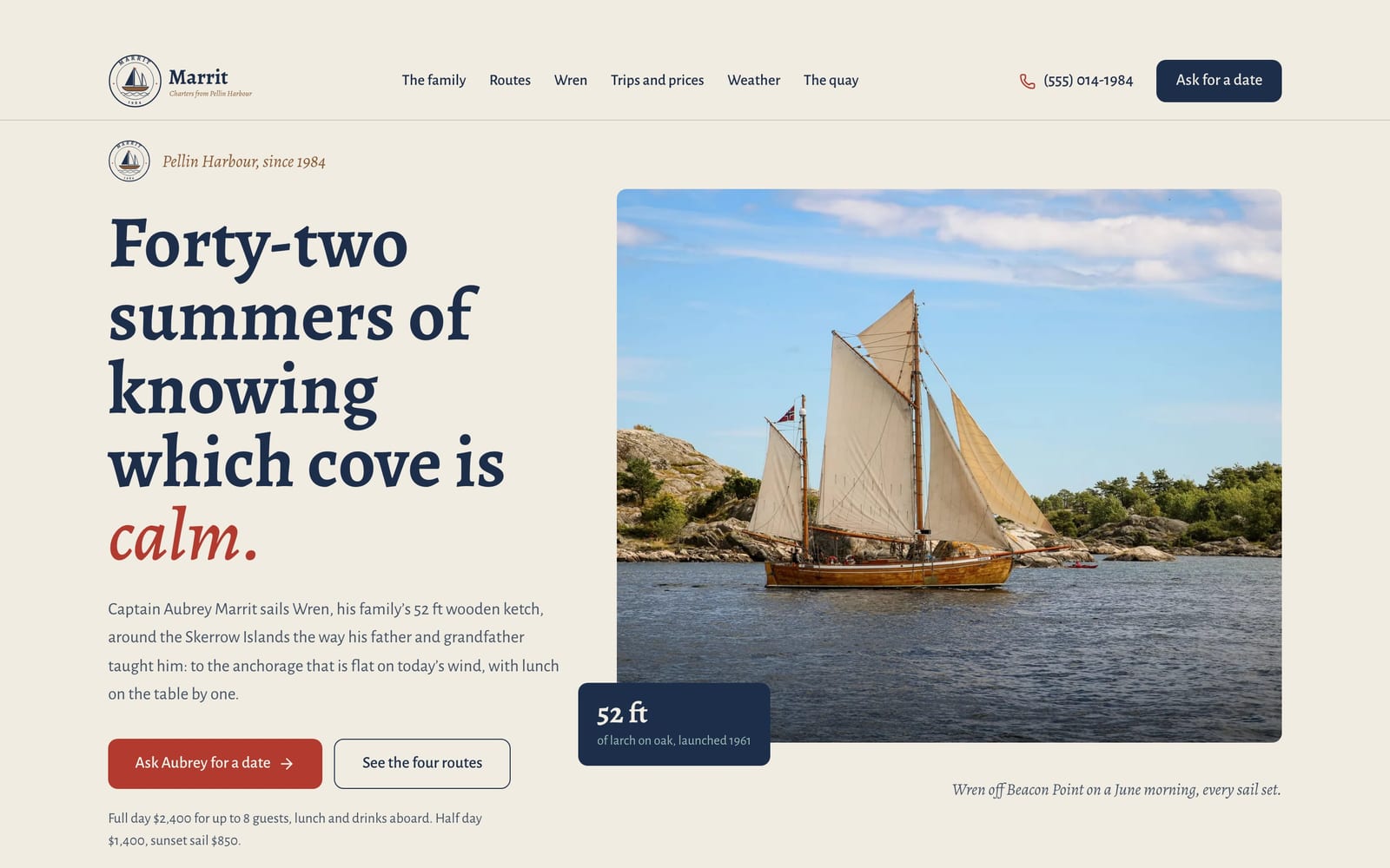 Yacht charter website design: Marrit Charters home page, heritage and trust style