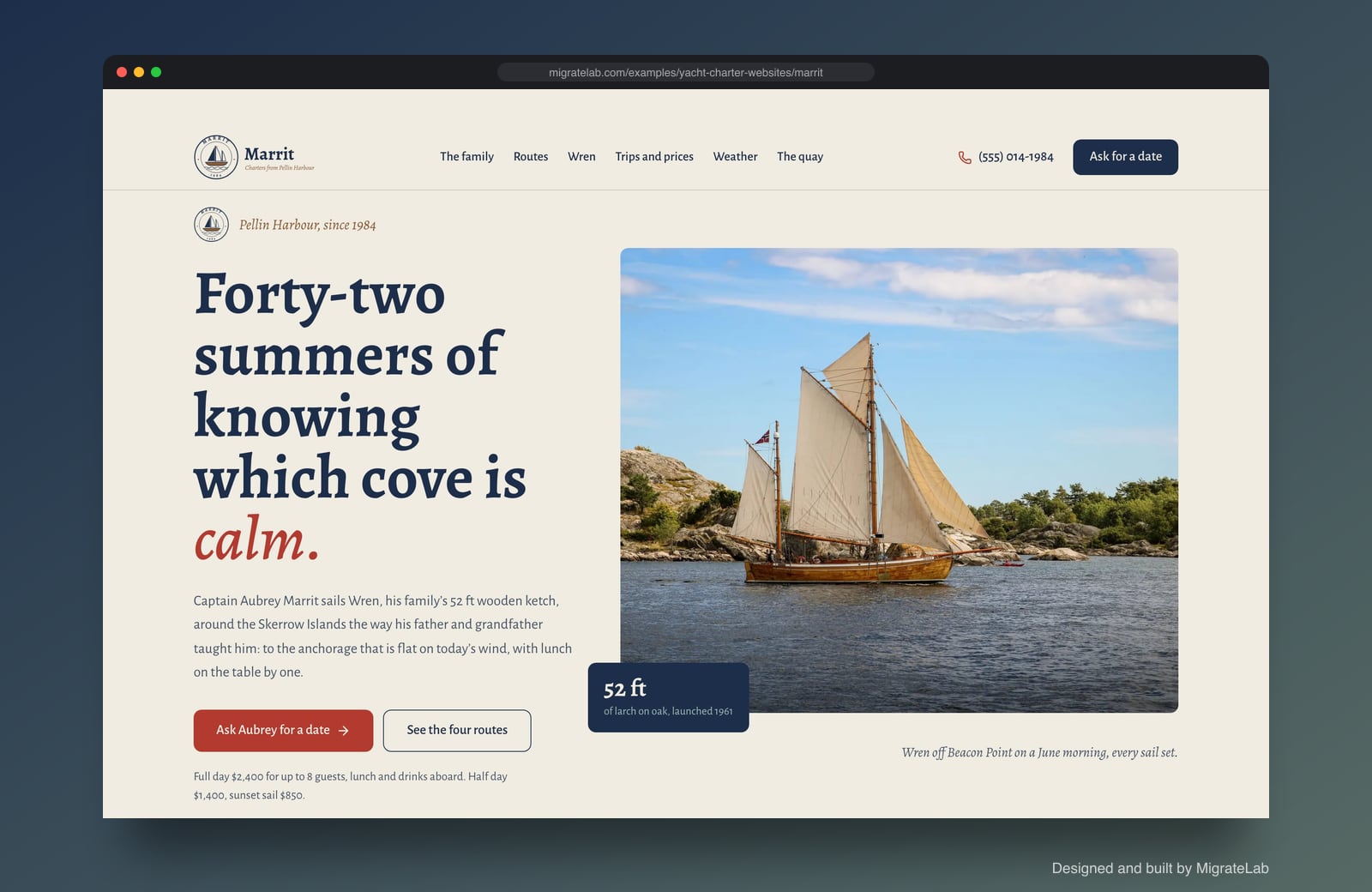 Yacht charter website example by MigrateLab: Marrit Charters, a heritage and trust design shown in a browser
