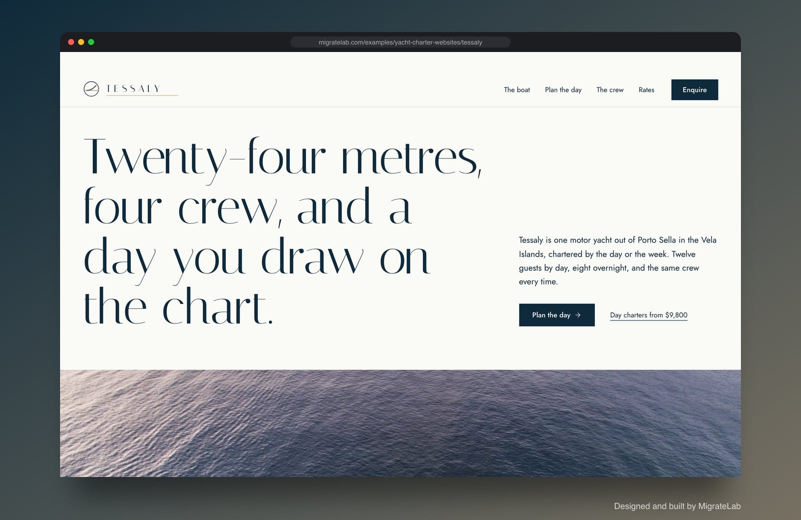 Yacht charter website example by MigrateLab: Tessaly Yachting, a premium design-led design shown in a browser